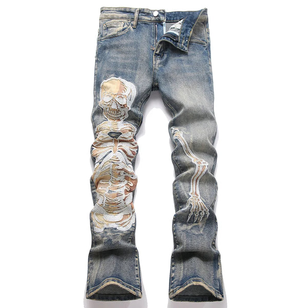 Men's Skull Boot Cut Denim Jeans - Vintage Blue Devil Embroidery Slim Flared Trousers