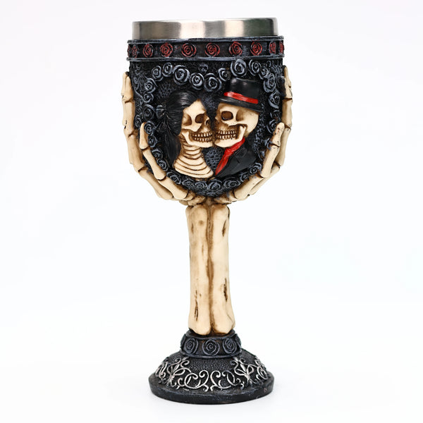 Skull Gothic Goblet Day of the Dead Bride And Groom Black Roses