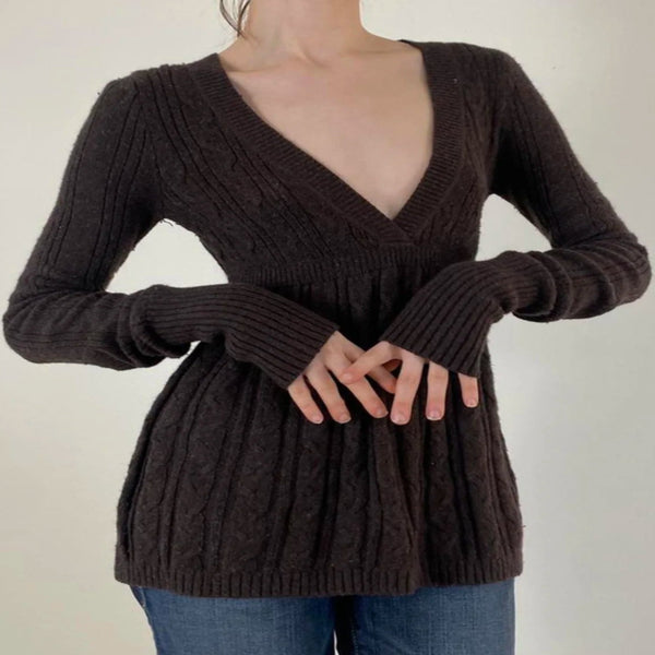 Vintage Warm Sweater For Women Goth Soft Long Sleeve V-neck Knitted Pullover