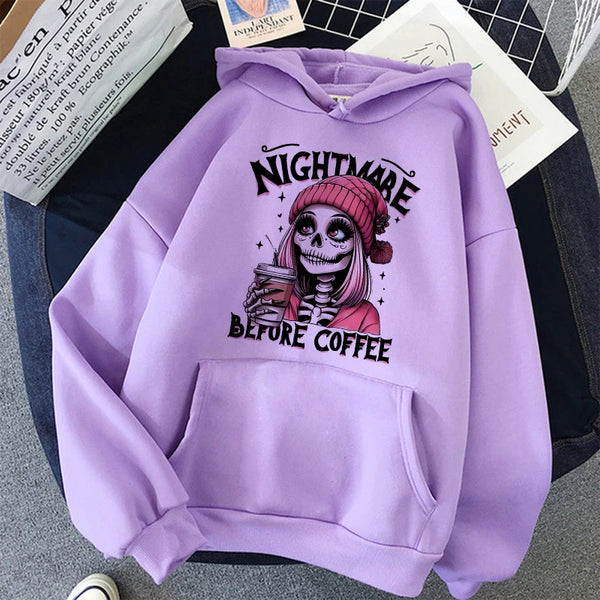 Women’s "Nightmare Before Coffee" Graphic Hoodie – Cozy Alt Gothic Pocket Sweatshirt