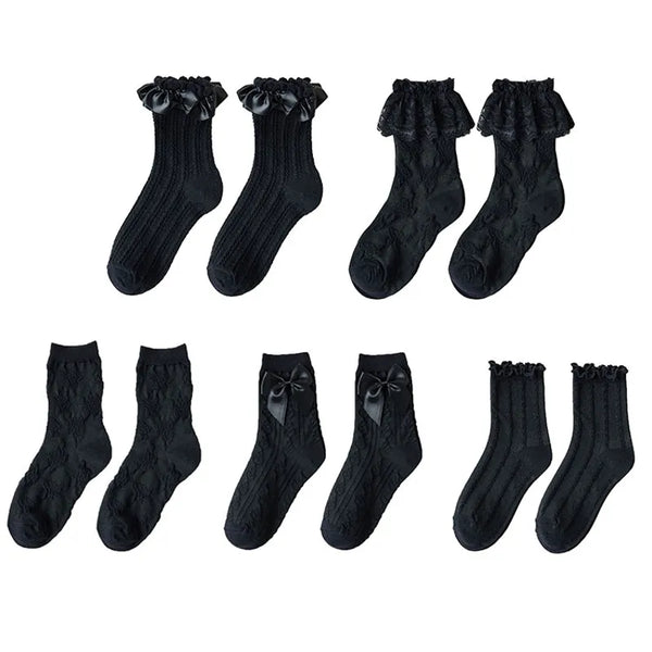 Women's Lolita Frilly Ruffled Lace Black Crew Ankle Gothic Socks 5 Patterns