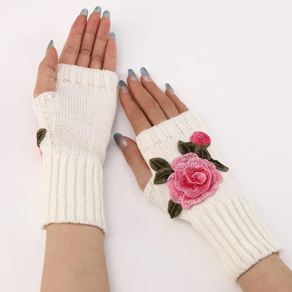 Embroidered Flower Goth Fingerless Knitted Wrist Gloves