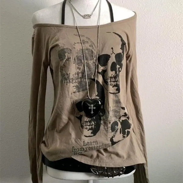 Women’s Vintage Skull Print Off-Shoulder Top – Edgy Casual Punk Streetwear