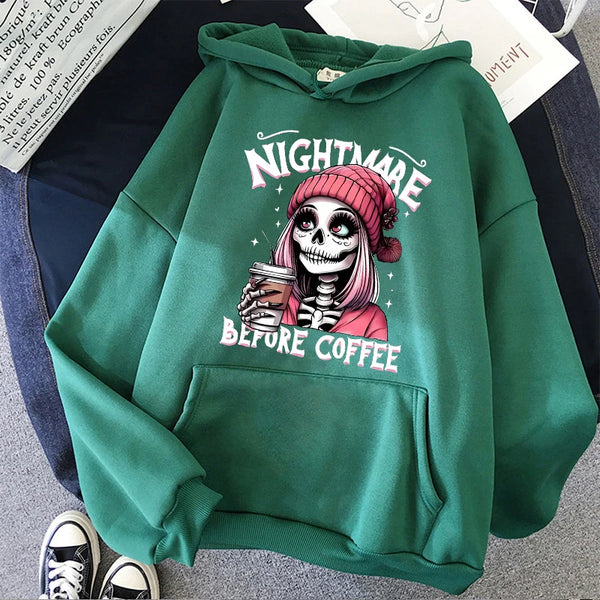 Women’s "Nightmare Before Coffee" Graphic Hoodie – Cozy Alt Gothic Pocket Sweatshirt
