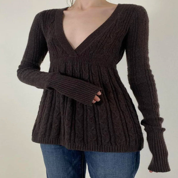 Vintage Warm Sweater For Women Goth Soft Long Sleeve V-neck Knitted Pullover