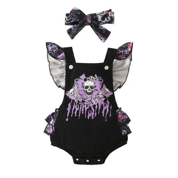 Little Omen | 2-Piece Gothic Butterfly & Skull Corduroy Romper Set