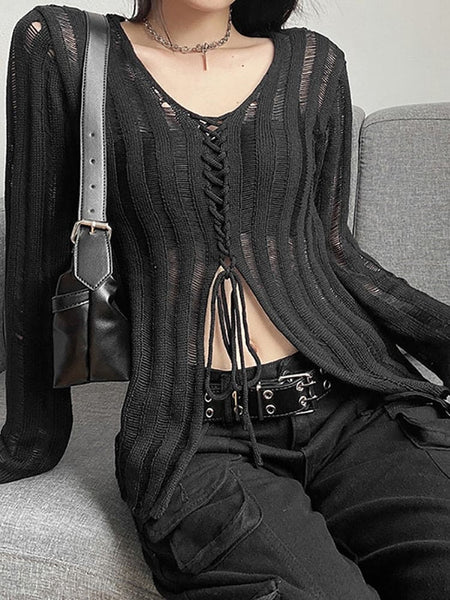 Goth See Through Black Casual Long Sleeve Women's Blouse