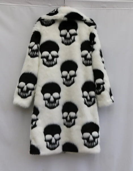 Winter Warm Skulls Pattern Woman's Punk Faux Fur Long Jacket