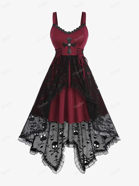 Plus Size Women's Gothic Lace-up Cross Skulls Lace Panel Dress With Rivets Straps