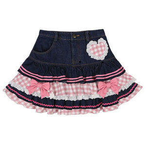 Women's Gothic  Sweet Lolita Mini Denim Lace Plaid Hearts Ruffles Skirt