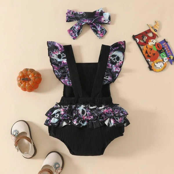 Little Omen | 2-Piece Gothic Butterfly & Skull Corduroy Romper Set