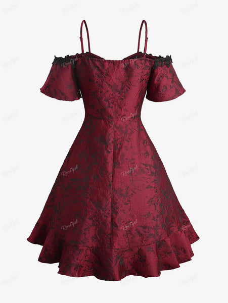 Gothic Cold Shoulder Dress Floral Jacquard Buckle For Women