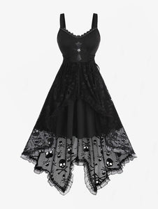 Plus Size Women's Gothic Lace-up Cross Skulls Lace Panel Dress With Rivets Straps