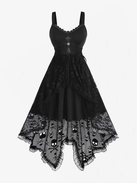 Plus Size Women's Gothic Lace-up Cross Skulls Lace Panel Dress With Rivets Straps