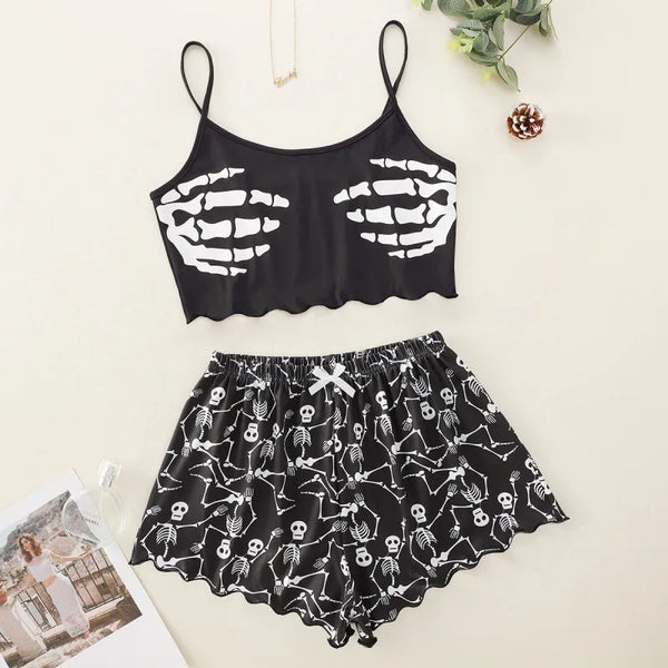 Women’s 2-Piece Skull Print Pajama Set – Short-Sleeve Lounge & Sleepwear Suit