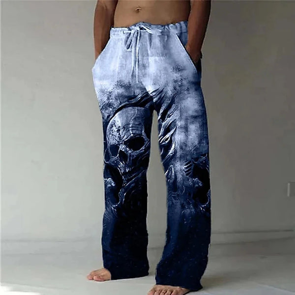 Men's Elastic Waist Skull Print Casual Pants with Drawstring
