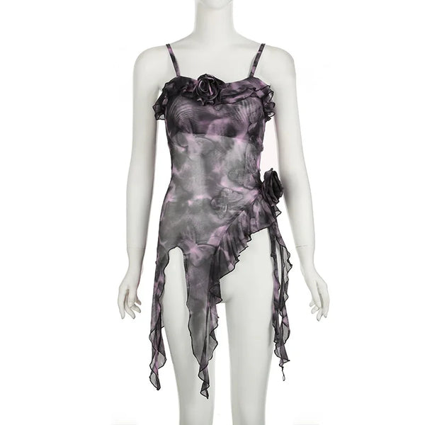 Gothic Tie Dye Butterfly Ruffles Irregular Hem Tank Top