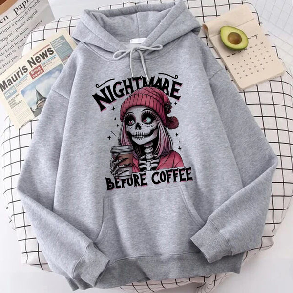 Women’s "Nightmare Before Coffee" Graphic Hoodie – Cozy Alt Gothic Pocket Sweatshirt