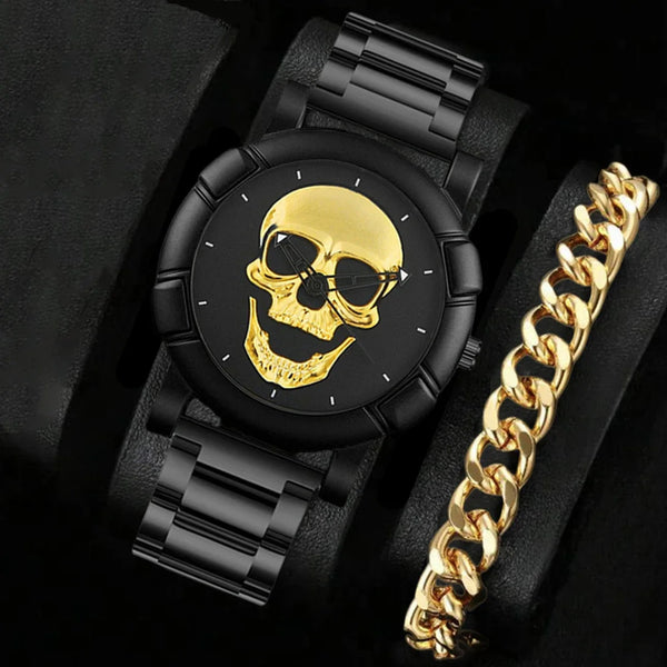 The Iron Skull Quartz Watch & Steel Link Bracelet Gift Set