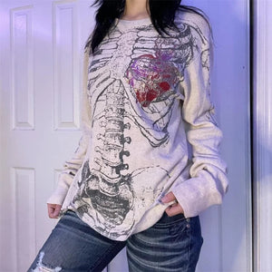 Women's Retro Gothic Skeleton Printed Long Sleeved T shirt