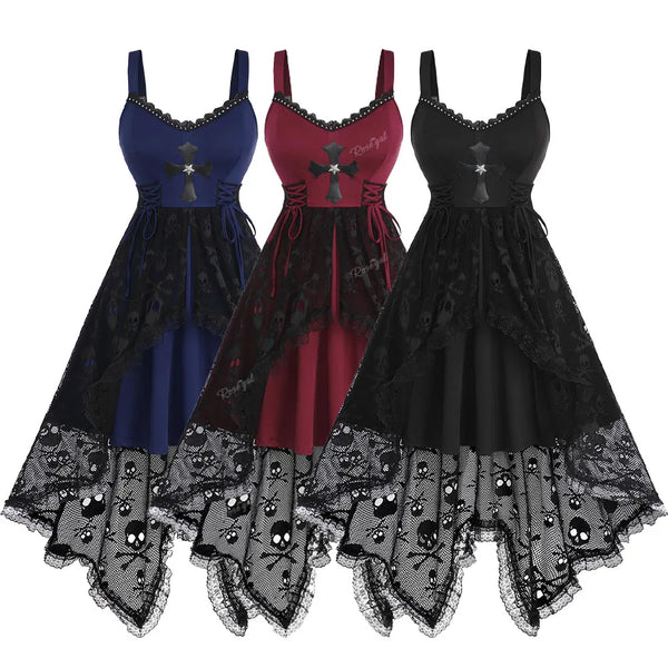 Plus Size Women's Gothic Lace-up Cross Skulls Lace Panel Dress With Rivets Straps