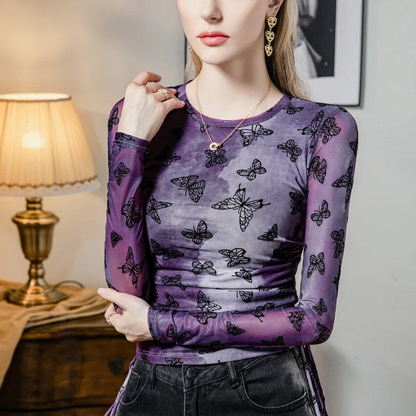 Gray Purple Mesh Butterfly Printed Long Sleeve T Shirt For Women