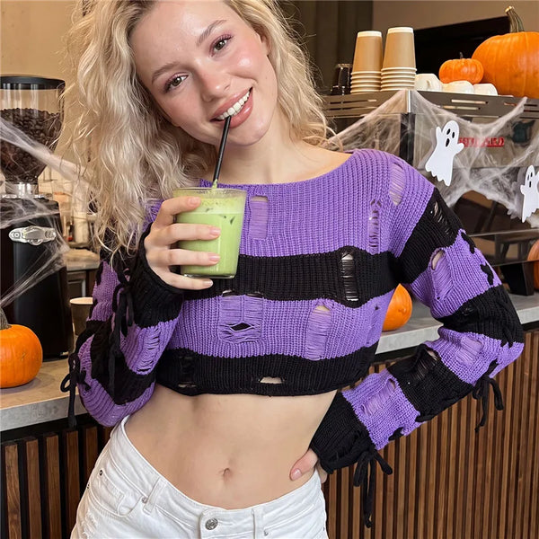 Women Striped Distressed Knit Crop Sweater - Side Lace Up Top