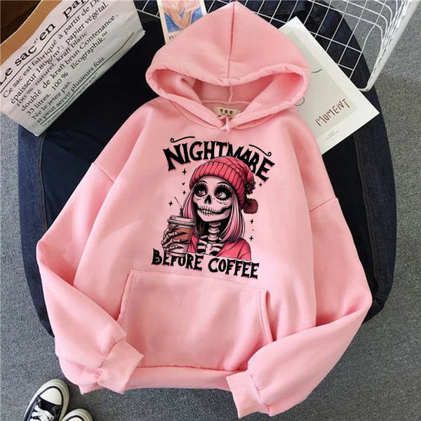 Women’s "Nightmare Before Coffee" Graphic Hoodie – Cozy Alt Gothic Pocket Sweatshirt