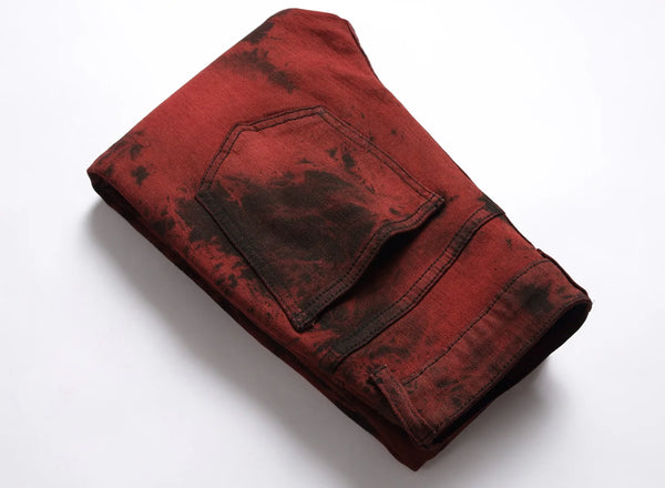 Mens Tie Dye Snow Wash Brick Red Denim Casual Pants