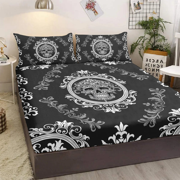 Tattooed Flower Skull Fitted Sheet Deep Pocket Lightweight Bedding Set