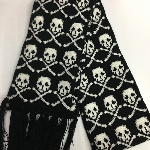 Women’s Skull Knitted Winter Scarf with Fringe – Soft Warm Alt Gothic Wrap