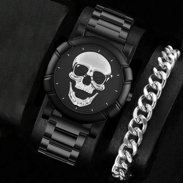 The Iron Skull Quartz Watch & Steel Link Bracelet Gift Set