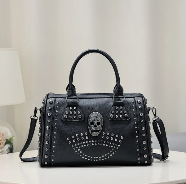 Women's Black Large Capacity Skull Handbag With Rivets