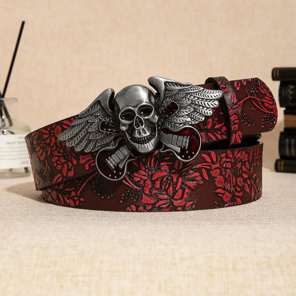 The Crimson Requiem™ Skull Buckle Belt | Burgundy Floral Embossed Gothic Accessory