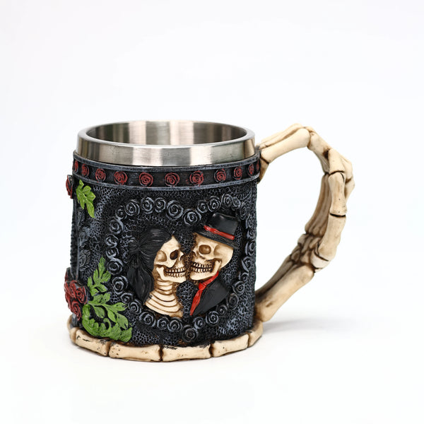 Skull Gothic Goblet Day of the Dead Bride And Groom Black Roses