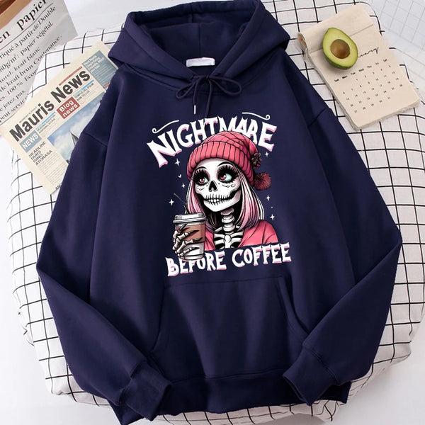 Women’s "Nightmare Before Coffee" Graphic Hoodie – Cozy Alt Gothic Pocket Sweatshirt