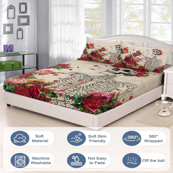 Skull Rose Fitted Bed Sheet Anti-slip Mattress Protector for Single Double King