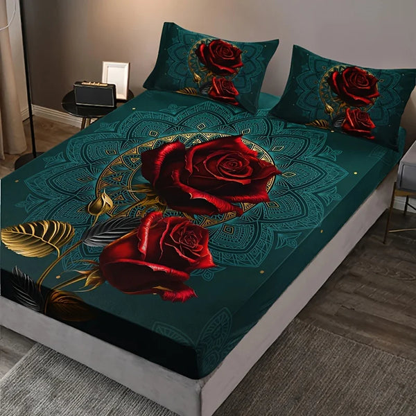 3D Gothic Rose Fitted Sheet Set Soft Comfortable Breathable Bedding