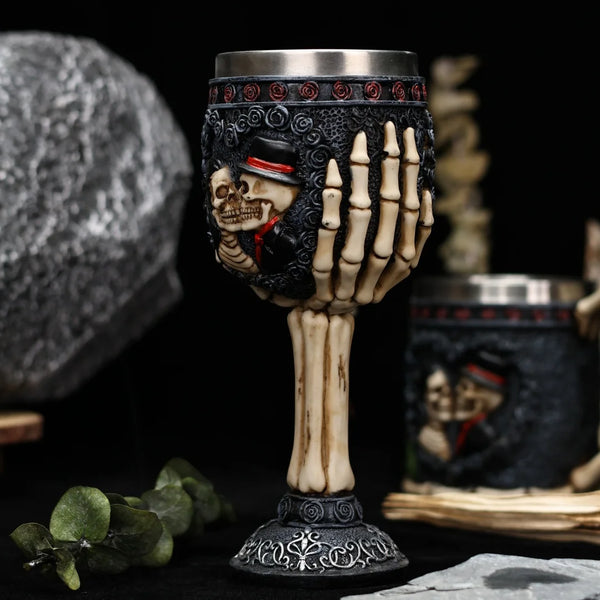 Skull Gothic Goblet Day of the Dead Bride And Groom Black Roses