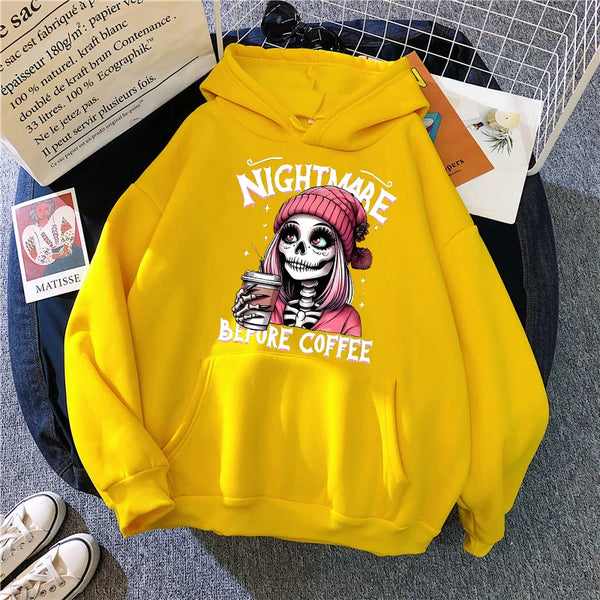 Women’s "Nightmare Before Coffee" Graphic Hoodie – Cozy Alt Gothic Pocket Sweatshirt