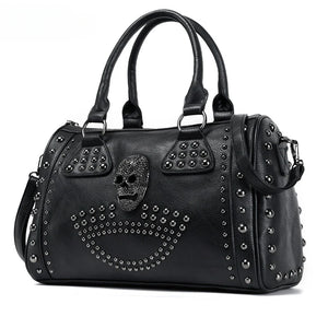 Women's Black Large Capacity Skull Handbag With Rivets