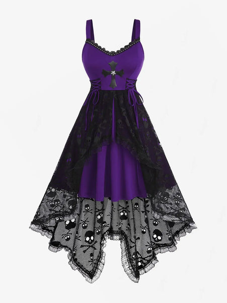 Plus Size Women's Gothic Lace-up Cross Skulls Lace Panel Dress With Rivets Straps