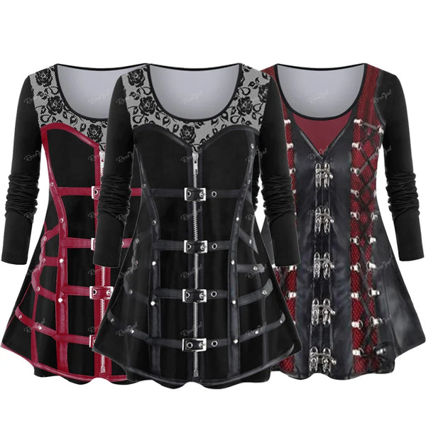 Gothic Graphic Long Sleeve Zipper Buckles Top for Plus Size Women