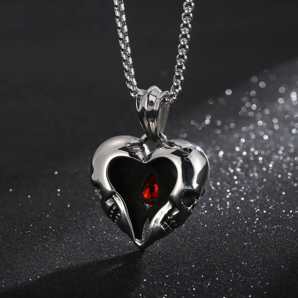 Stainless Steel Love Heart Skull With Red Gemstone Pendant For Necklaces