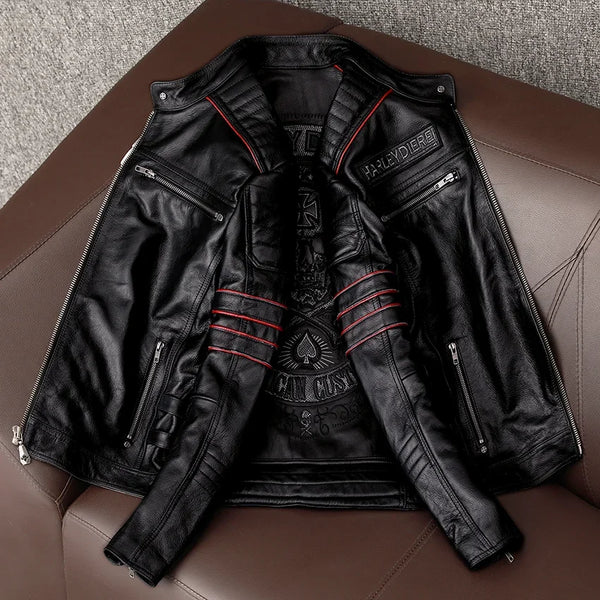 Men's Genuine Leather Motorcycle Jacket - Skull Embroidery
