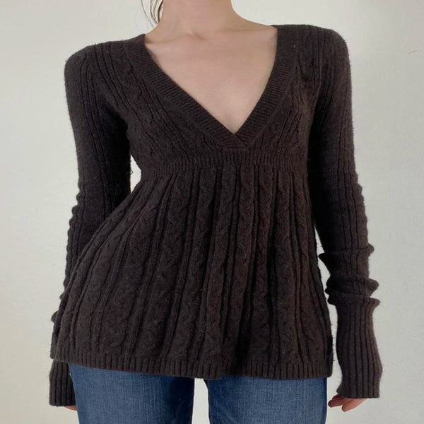 Vintage Warm Sweater For Women Goth Soft Long Sleeve V-neck Knitted Pullover