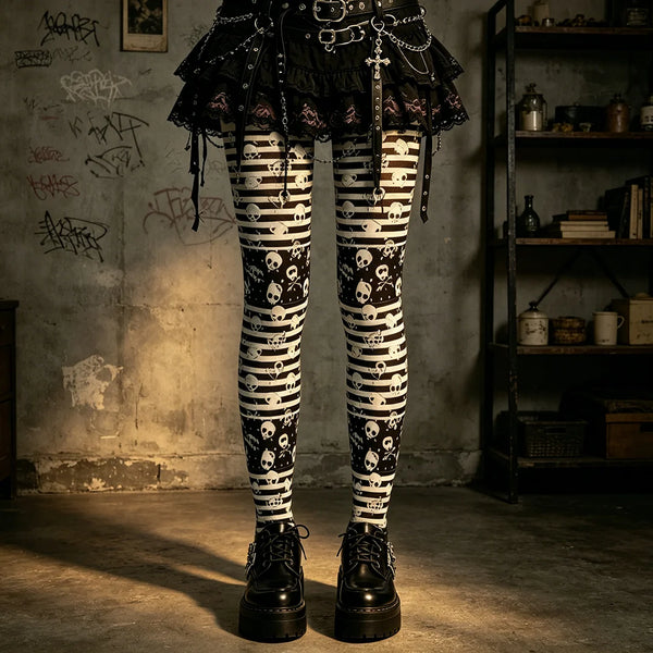 Graphic Vintage Women Long Skull Print Punk Pantyhose