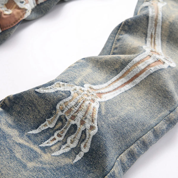 Men's Skull Boot Cut Denim Jeans - Vintage Blue Devil Embroidery Slim Flared Trousers