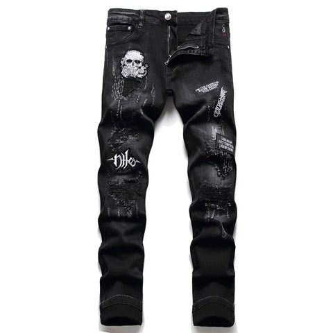 Men's Skull Mid-Waist Casual Embroidered Jeans