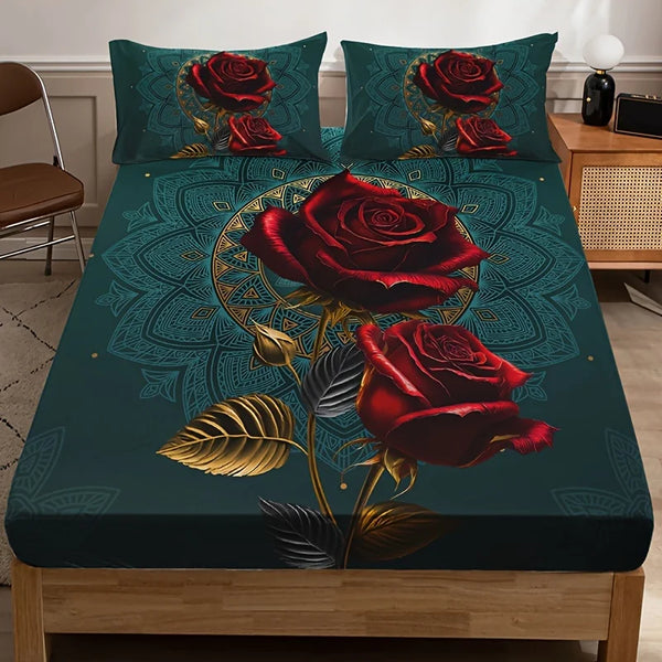 3D Gothic Rose Fitted Sheet Set Soft Comfortable Breathable Bedding